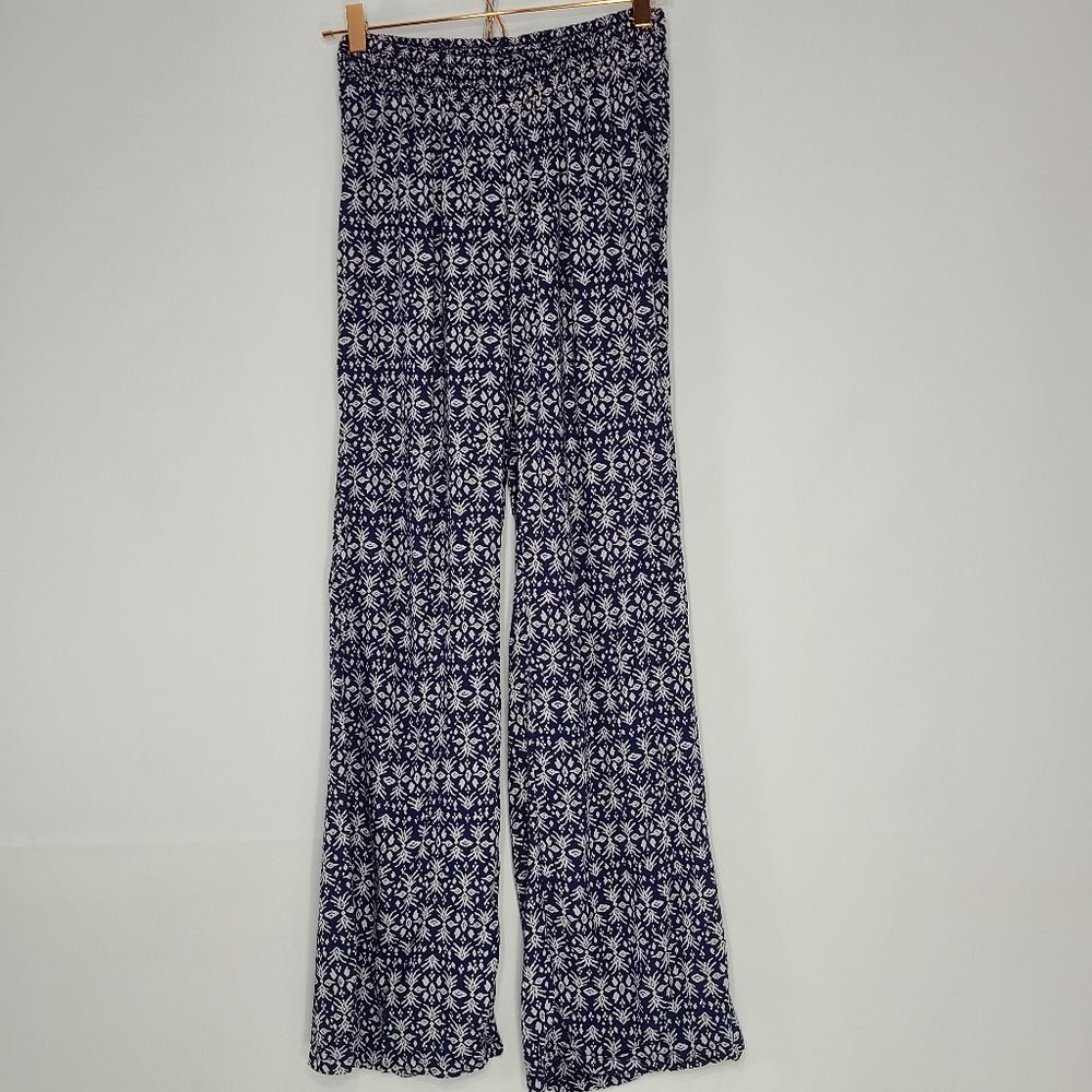 Decree Pants Pull-On Straight Leg Blue White Summer Boho Flowy Size Small